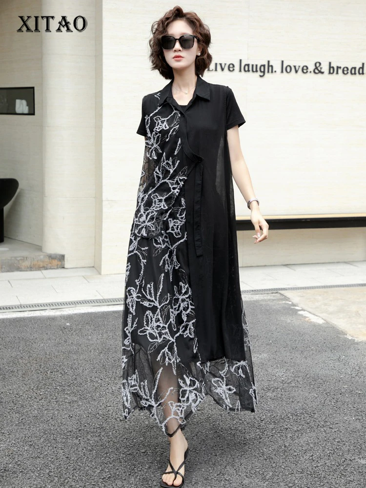 

XITAO Asymmetrical Pocket Embroidery Sets Two-piece Turn-down Collar Short Sleeve Gauze Loose Elastic Waist Woman Sets ZMY1291