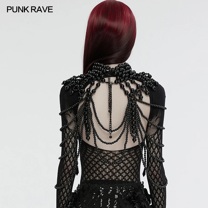PUNK RAVE Women Gothic Black Resin Skull Beaded Neck Harness Multi Layer Tassel Shoulder Cape Accessory WS739 - view 3