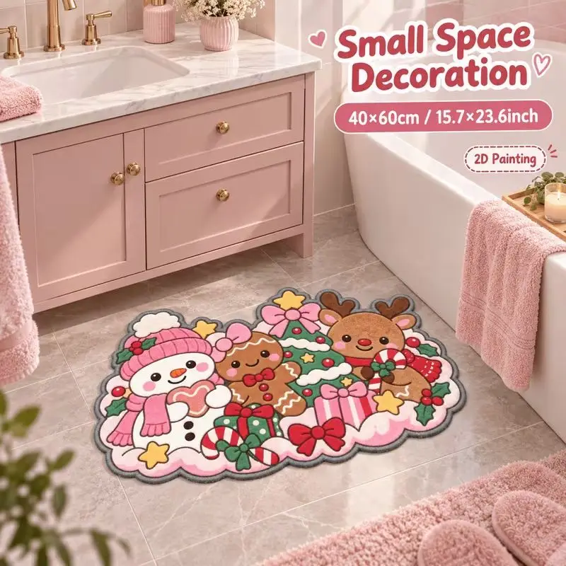 VIKAMA Cute Christmas Snowman Gingerbread Bath Mat Pink Cloud Shape Floor Rug for Bathroom Winter Holiday Cozy Home Decor