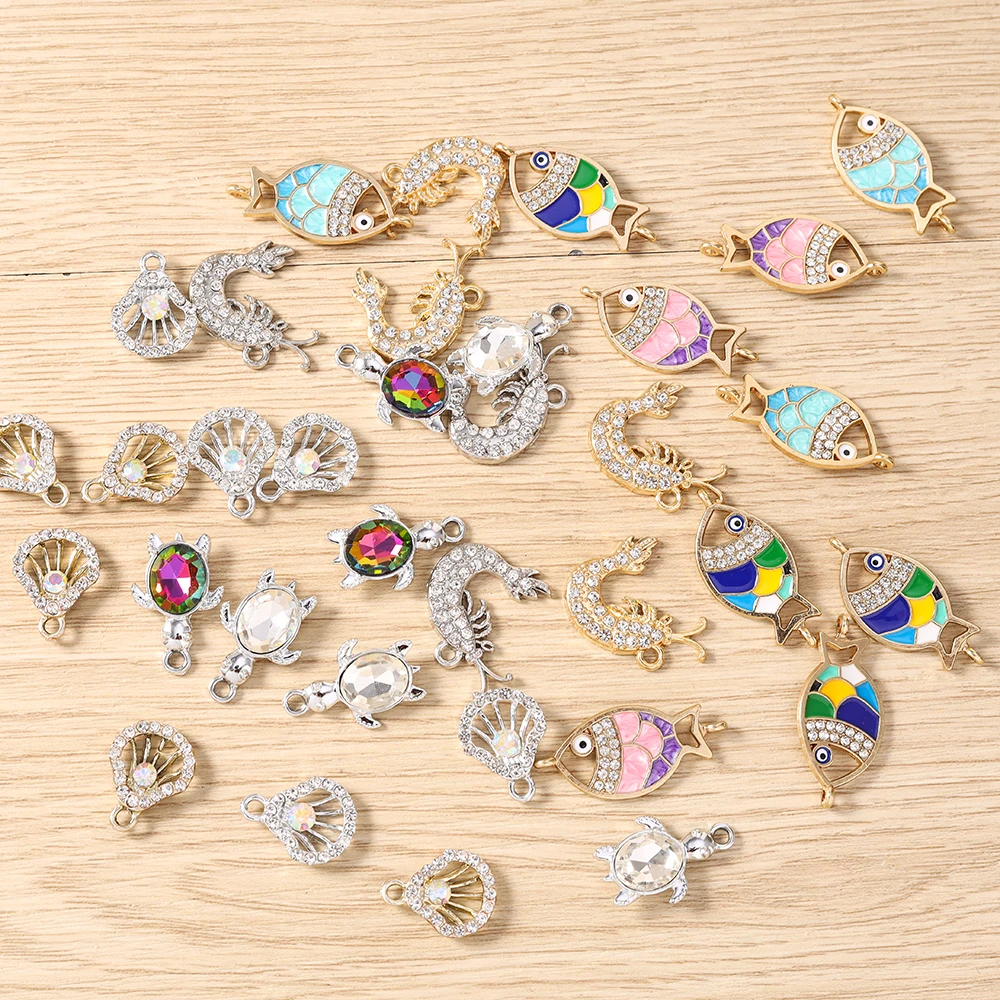 10 Stück niedliche, gemischte Kristall-Metall-Schildkröten- und Fischschalen-Anhänger für die Schmuckherstellung, Ohrhänger, Halsketten, DIY-Bastelarbeiten und Accessoires – Detail 3