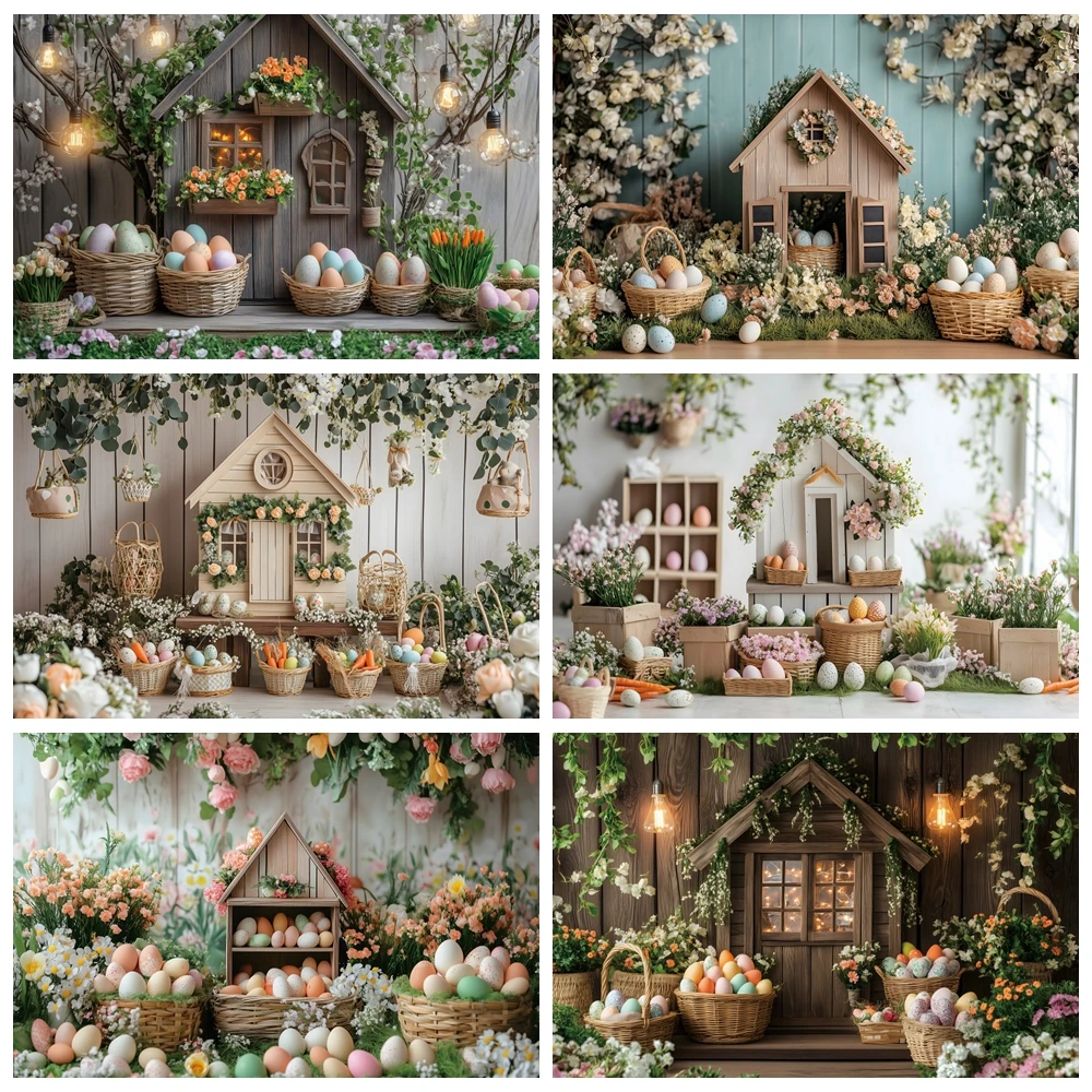 

Spring Easter Day Background Floral Easter Colorful Eggs Wood Floor Baby Shower Birthday Party Photography Backdrop Photo Booth