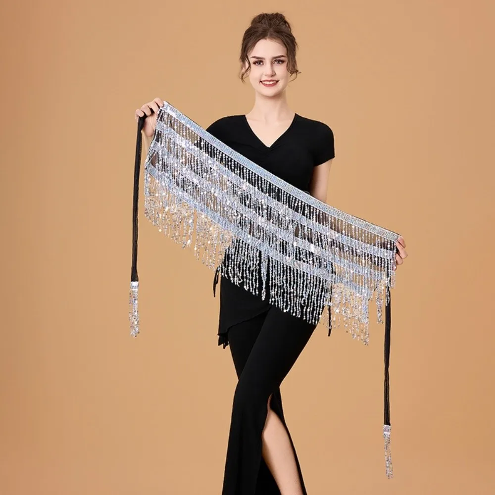 Tassel Waistband 4-Row Belly Dance Belt Metallic Lightweight Sequin Hipscarf Glittering Adjustable Dance Wrap-skirt Festival