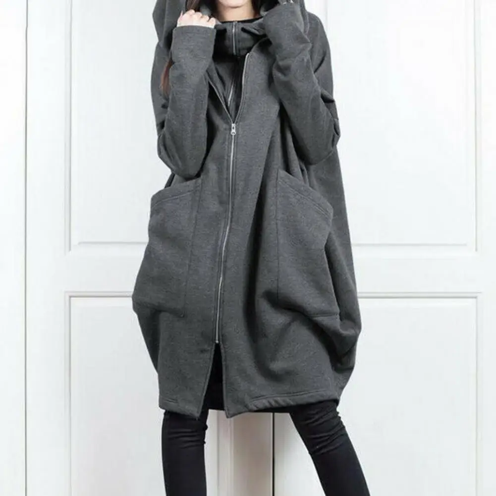 Women Hooded Long Sleeve Sweatshirt Coat Zipper Placket Big Pockets Solid Color Fake Two Pieces Mid-length Hoodie Jacket