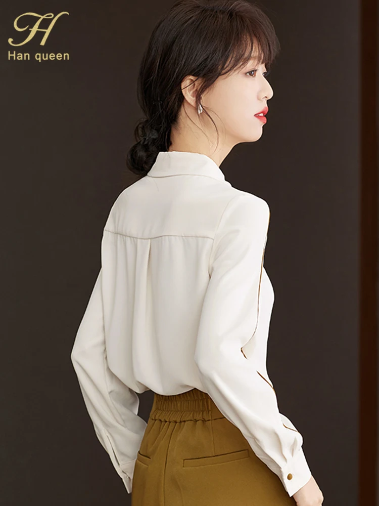 H Han Queen 2023 New Arrival Shirt Women\'s Blouse Vintage Work Casual Tops Chiffon Blouse Elegant Loose Pocket Business Shirts