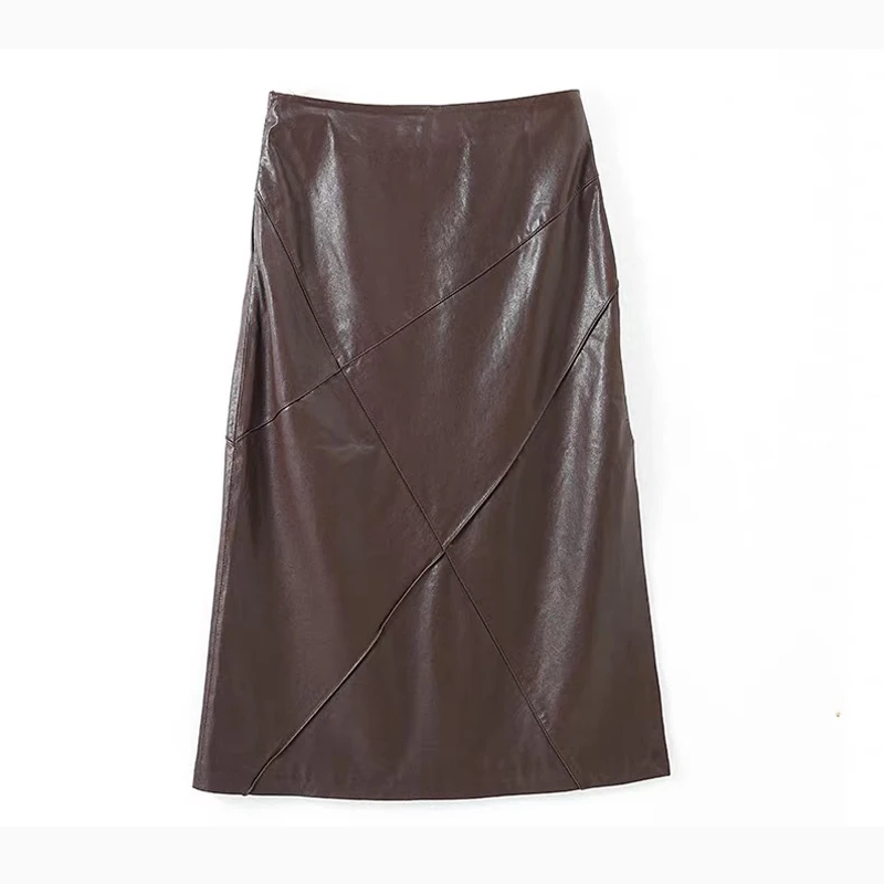 Woman Winter Genuine Leather Long Skirt Lady 80cm Mid-Calf Femme Natural Leather Diagonal Clipping Faldas Largas