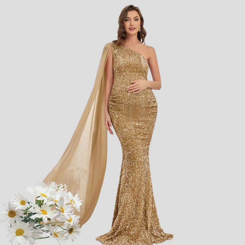 Maternity One Shoulder Side Draped Sequin Dress