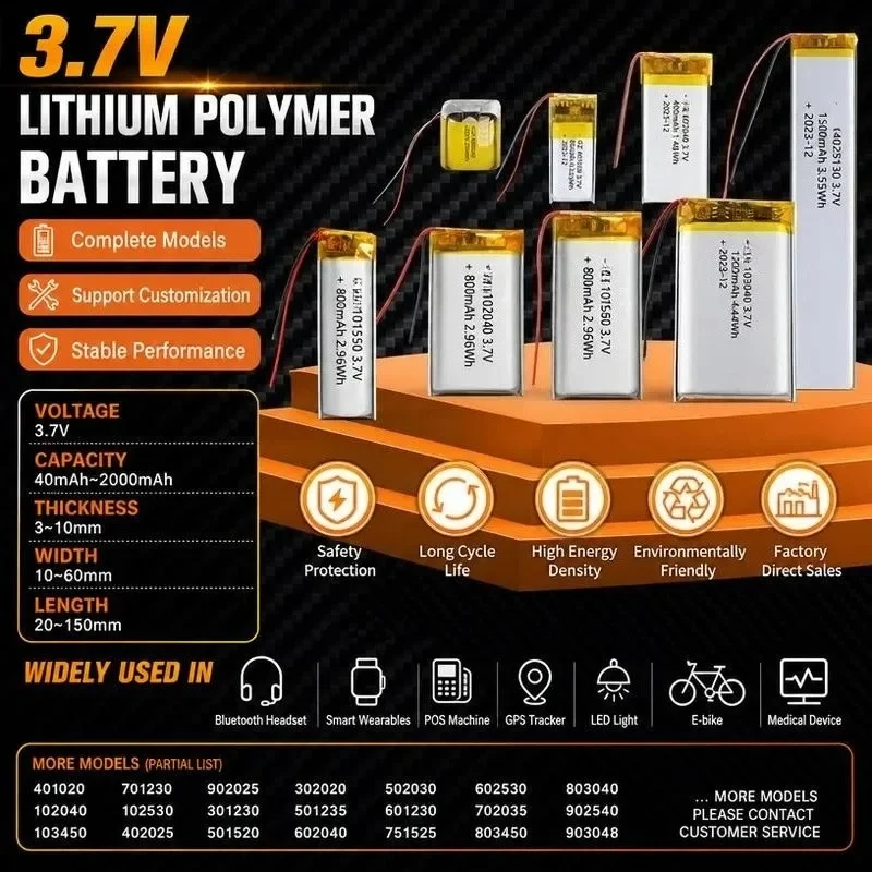 [NEW]  100pcs 302020 501520 601220 601040 601535 Polymer Compound Battery 3.7V   Li-ion Cell for DIY Electronics Projects