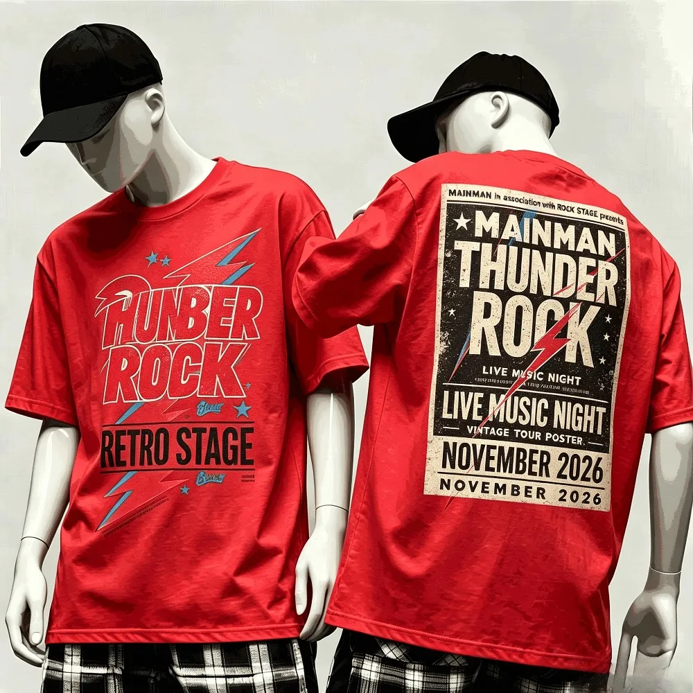 Vintage Thunder Lightning Rock Poster Double Sided Graphic Men T-Shirt Retro Distressed Music Casual Short Sleeve Tee