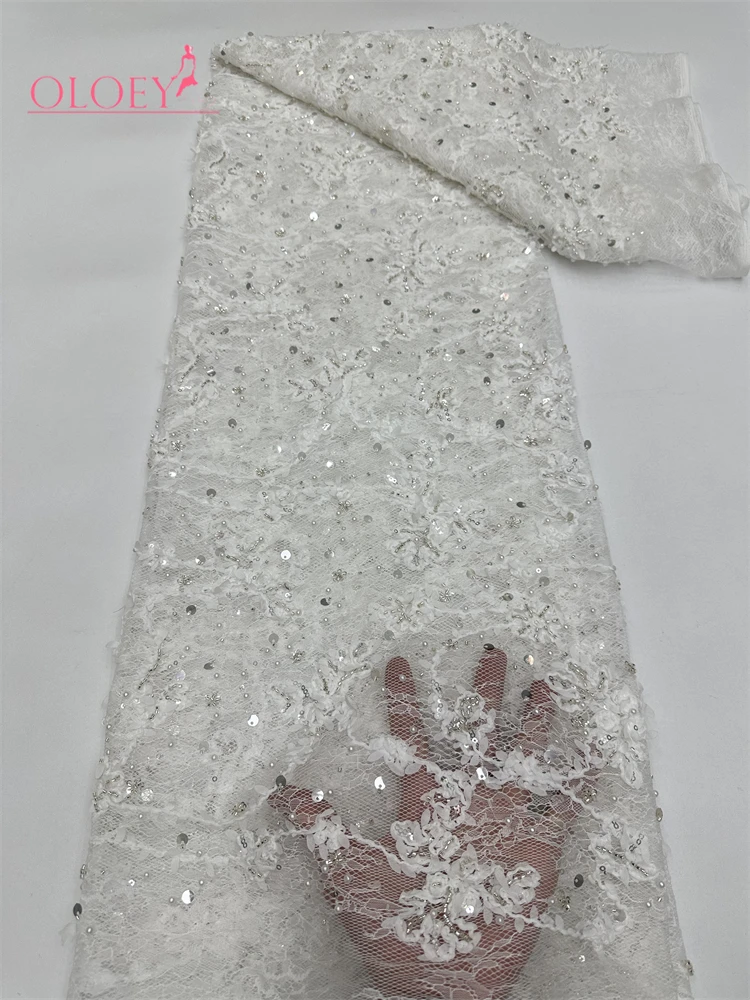 OLOEY Elegante Tela de Encaje Africana con Lentejuelas y Bordado, Tela de Encaje con Cuentas Francesas, Material para Vestido de Novia Nigeriano