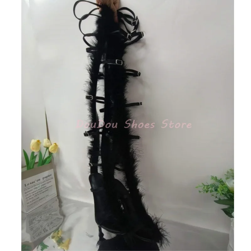 

Black Fluffy Feather Multi Buckle Gladiator Sandals Boots Women Open Toe Hollow Long Boots Gothic Nightclub Party Thin High Heel