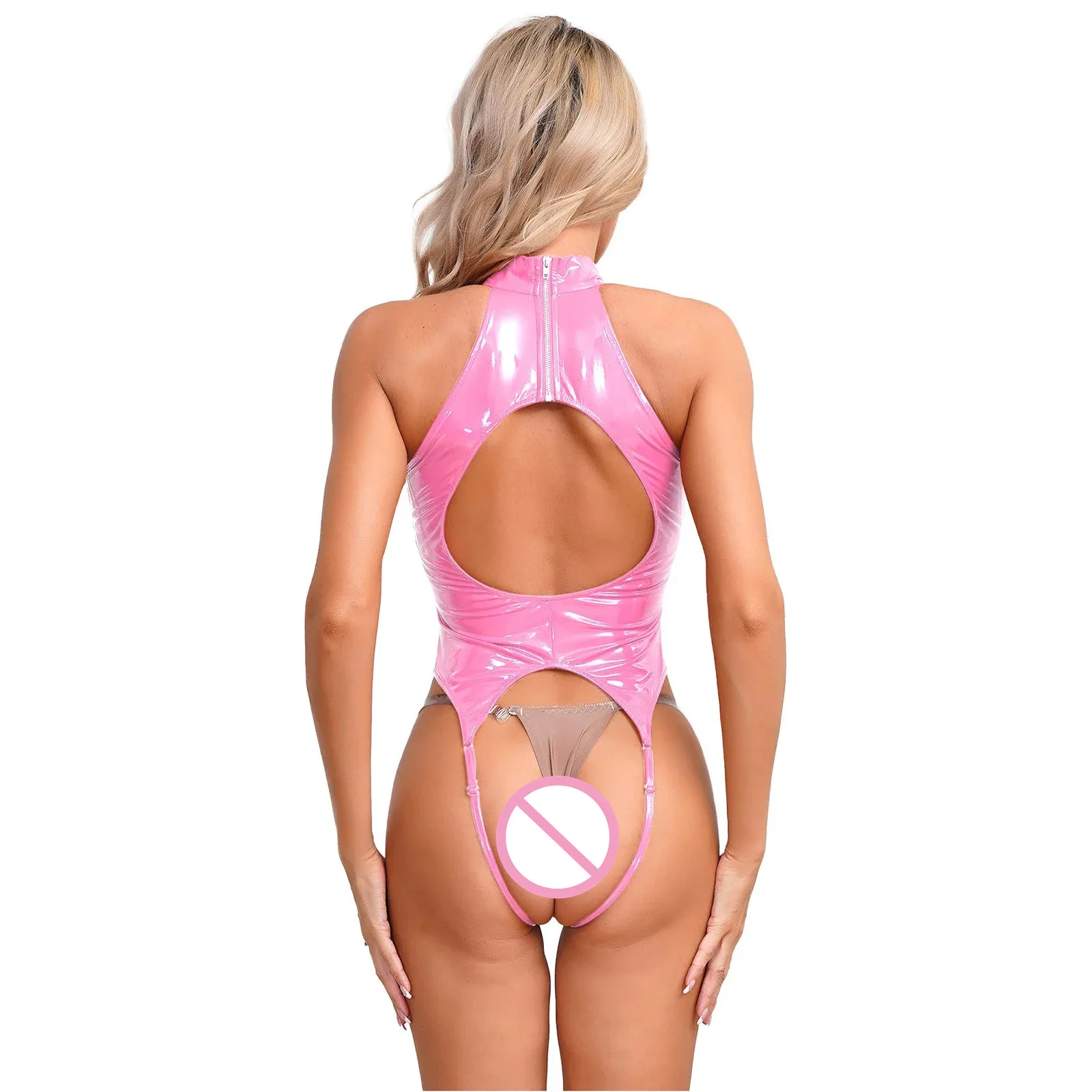 Porno Latex Bodysuit Leather Open Crotch Lingerie Hollow Chest Harness Halter Sexy Catsuit Jumpsuit Rave Night Club for Women