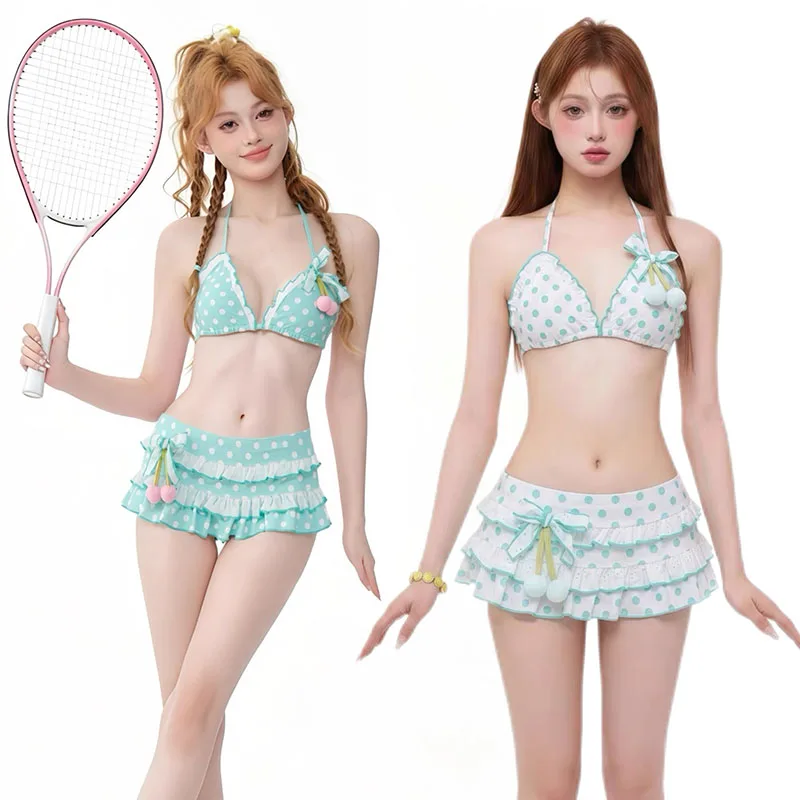 

New Women Y2k Style Sweet Bikini Set Japanese Kawaii Print Ruffles Lolita Swimsuit Crop Top Skirt Two Piece Swimwear Beach Wear