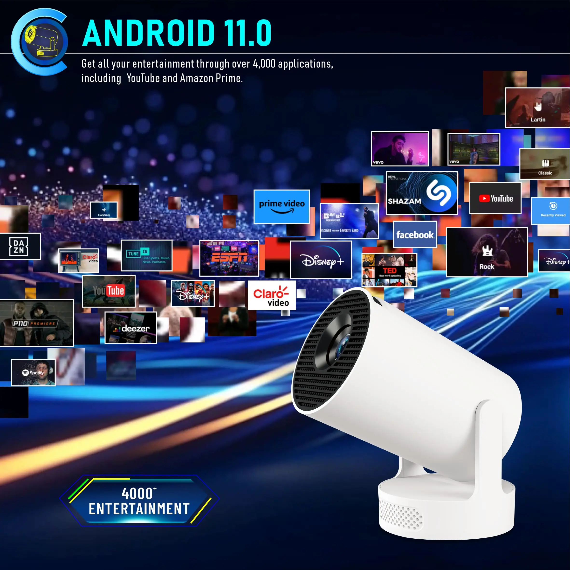 جهاز عرض ذكي HY300Ultra 4K Android 11 Dual Wifi6 170 ANSI رباعي النواة Allwinner H713 1080P جهاز عرض خارجي للسينما المنزلية