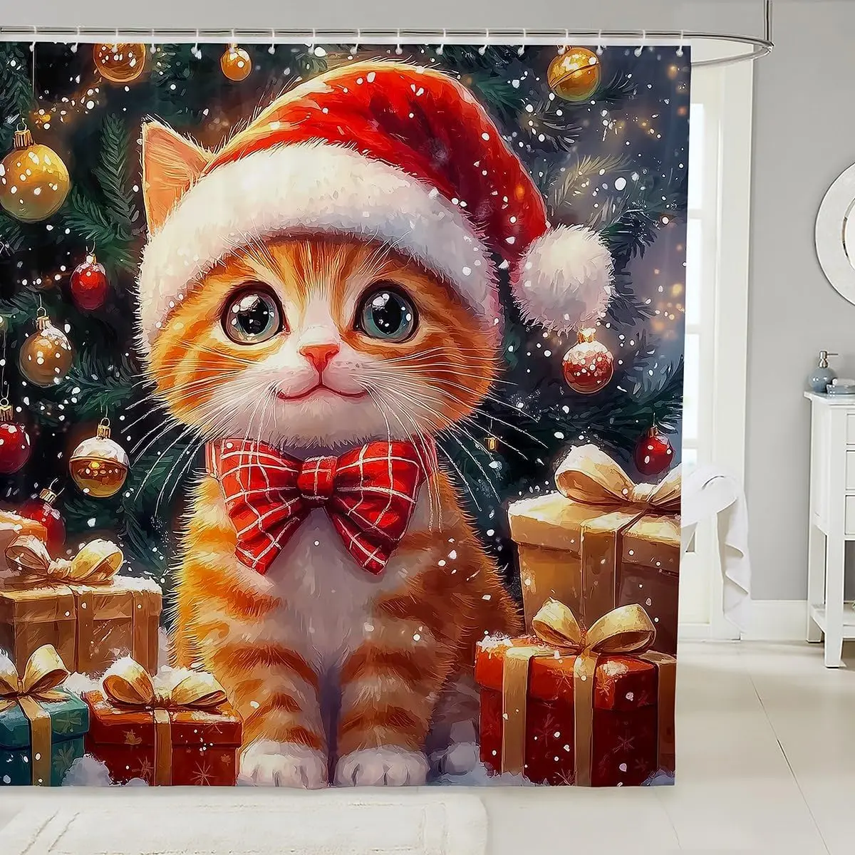 

3DCute занавеска для душа с изображением кота, рождественская, новогодняя тема, занавески для ванной комнаты для детей, мальчиков и девочек-подростков, милый декор в виде котенка, зимние каникулы