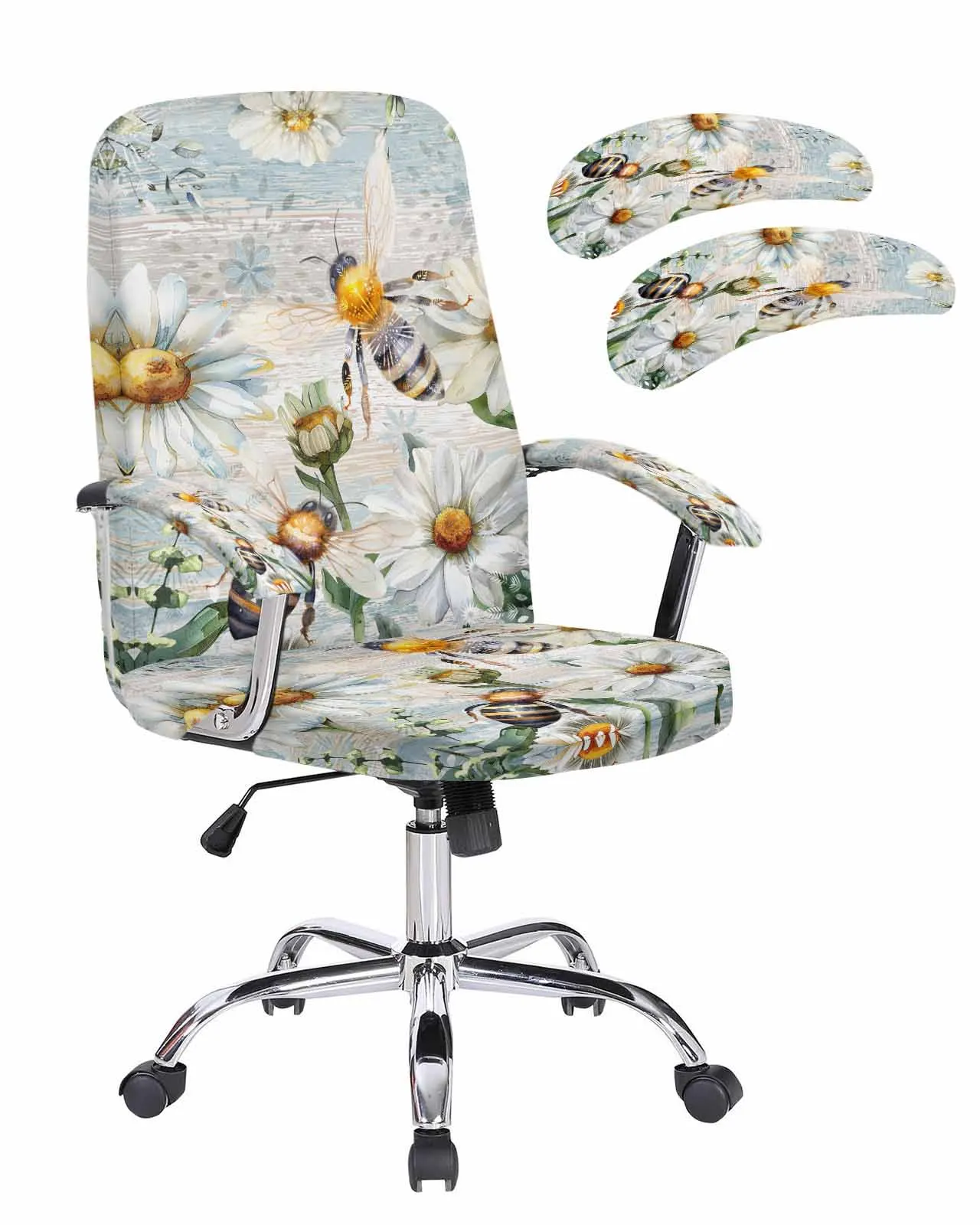 

Vintage Wood Grain Floral Plants Daisy Bees Elastic Office Chair Cover Gaming Computer Chair Armchair Protector Seat Covers