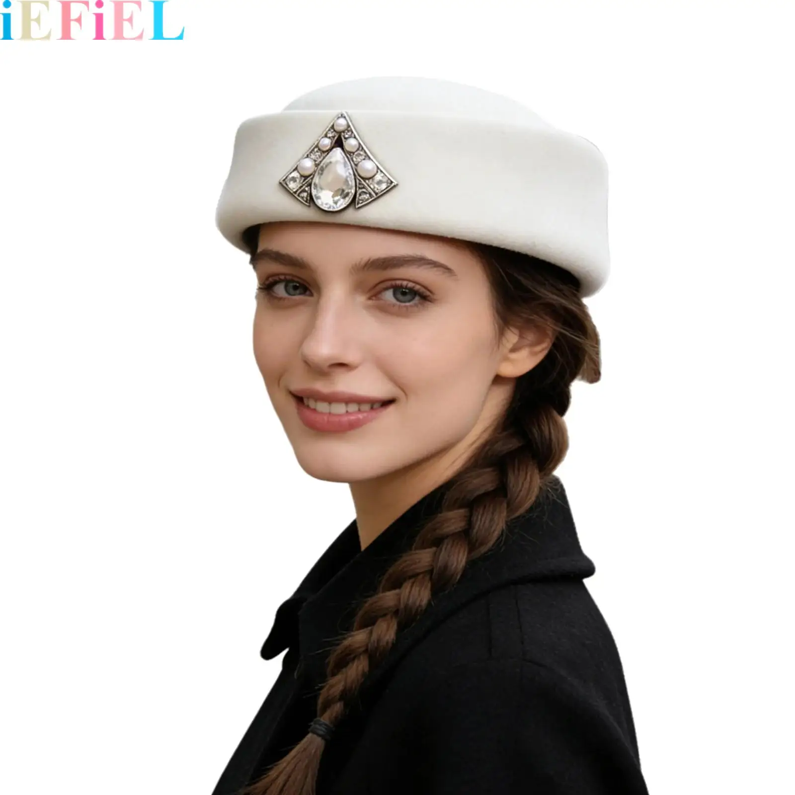 

Women Flight Hat Attendant Vintage Felt Stewardess Pillbox Hat Uniform Solid Color Cap Adorned with Rhinestone