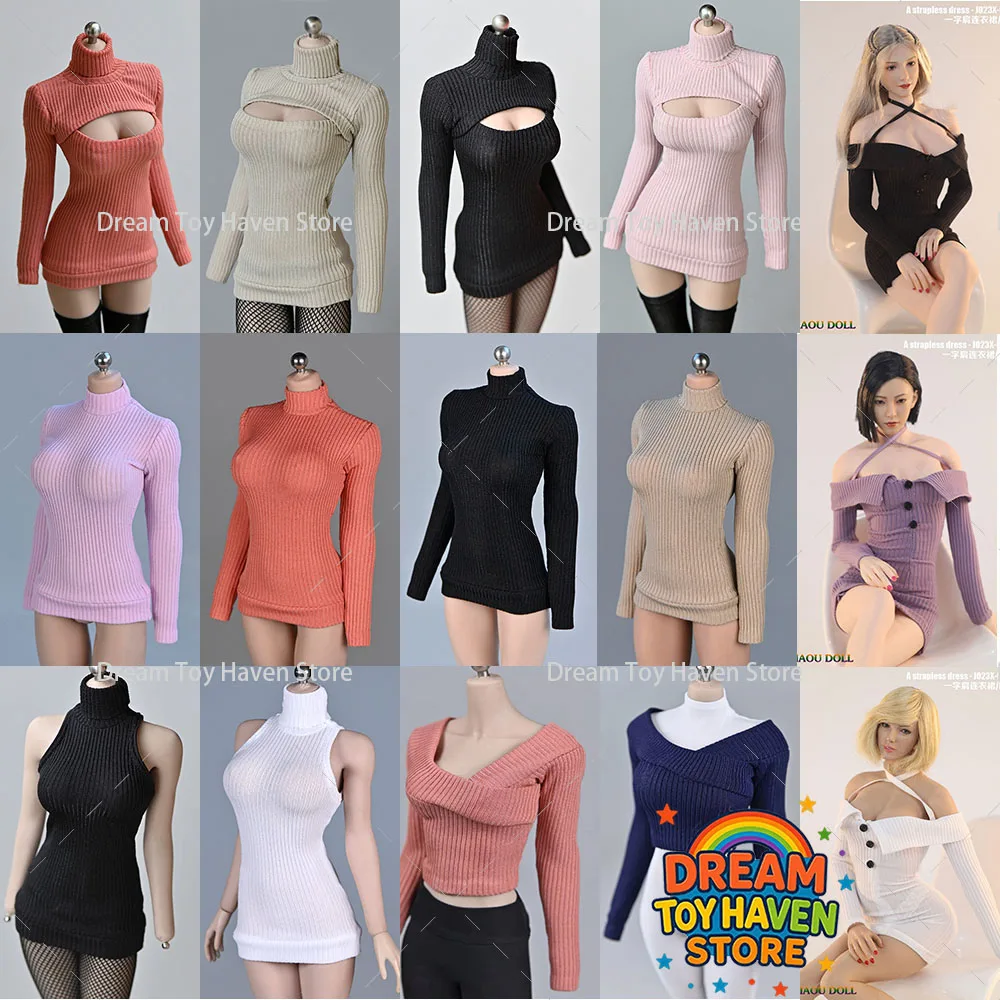 Multiple Styles 1/6 Stretch Tight Sweater Dress High Collar Striped Bottoming Shirt Knit Pullover Model Fit 12'' Action Figure