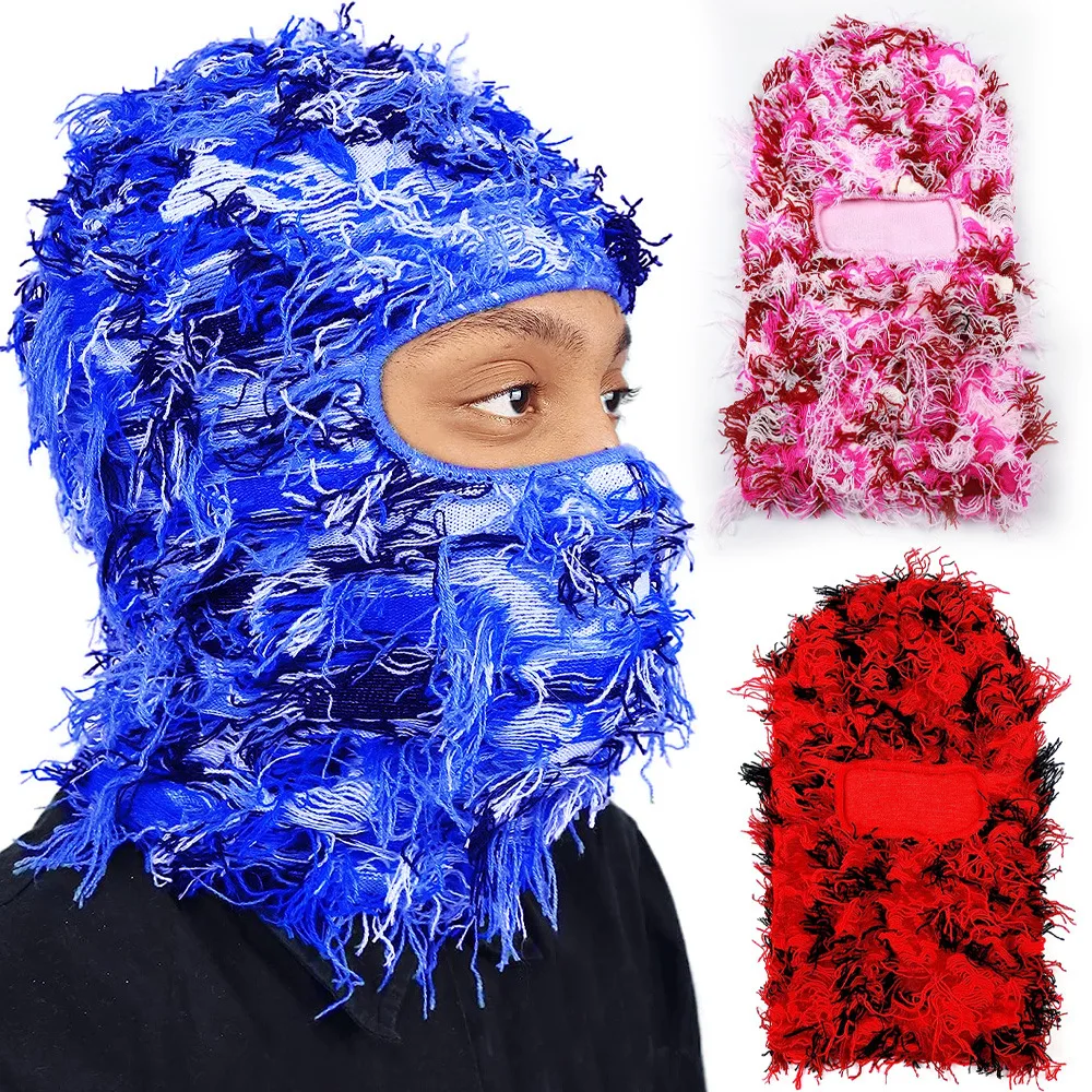 

New Unisex Fuzzy Balaclava Hat Ski Mask Knitted Beanies Hats Distressed Winter Windproof Warm Cycling Camouflage Cap For Party