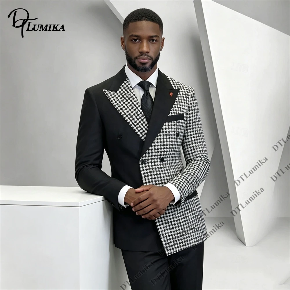 Asymmetric Houndstooth Patchwork Two Piece Suit Set for Men, Jacket Pants Bold Fashion Double Breasted Party Prom Tuxedo XXS-7XL