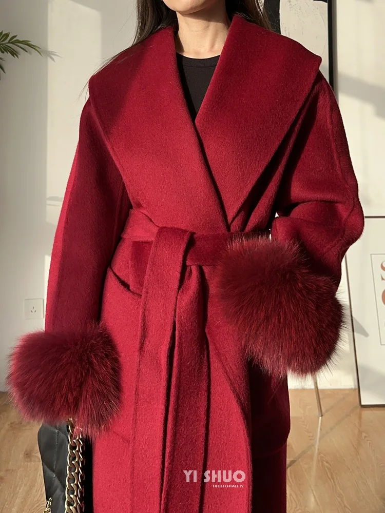 Capodanno rosso nero grigio maniche in pelliccia di volpe con grande collo a scatto cappotto in lana a doppia faccia accappatoio lungo cappotto di lana con lacci per le donne