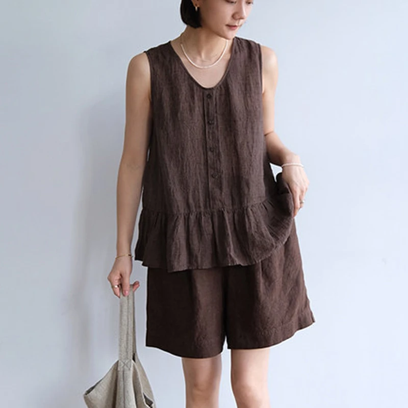 

Summer New Womens Linen Hem Ruffled Sleeveless Loose Vest Shorts Fashionable Casual Suit