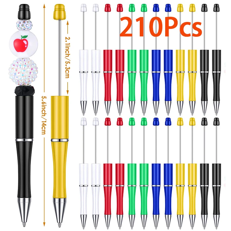 

210Pcs DIY Plastic Beadable Pens Beads Pens Black Ink Ballpoint Pens Colorful Silicone Beads for DIY Crafts