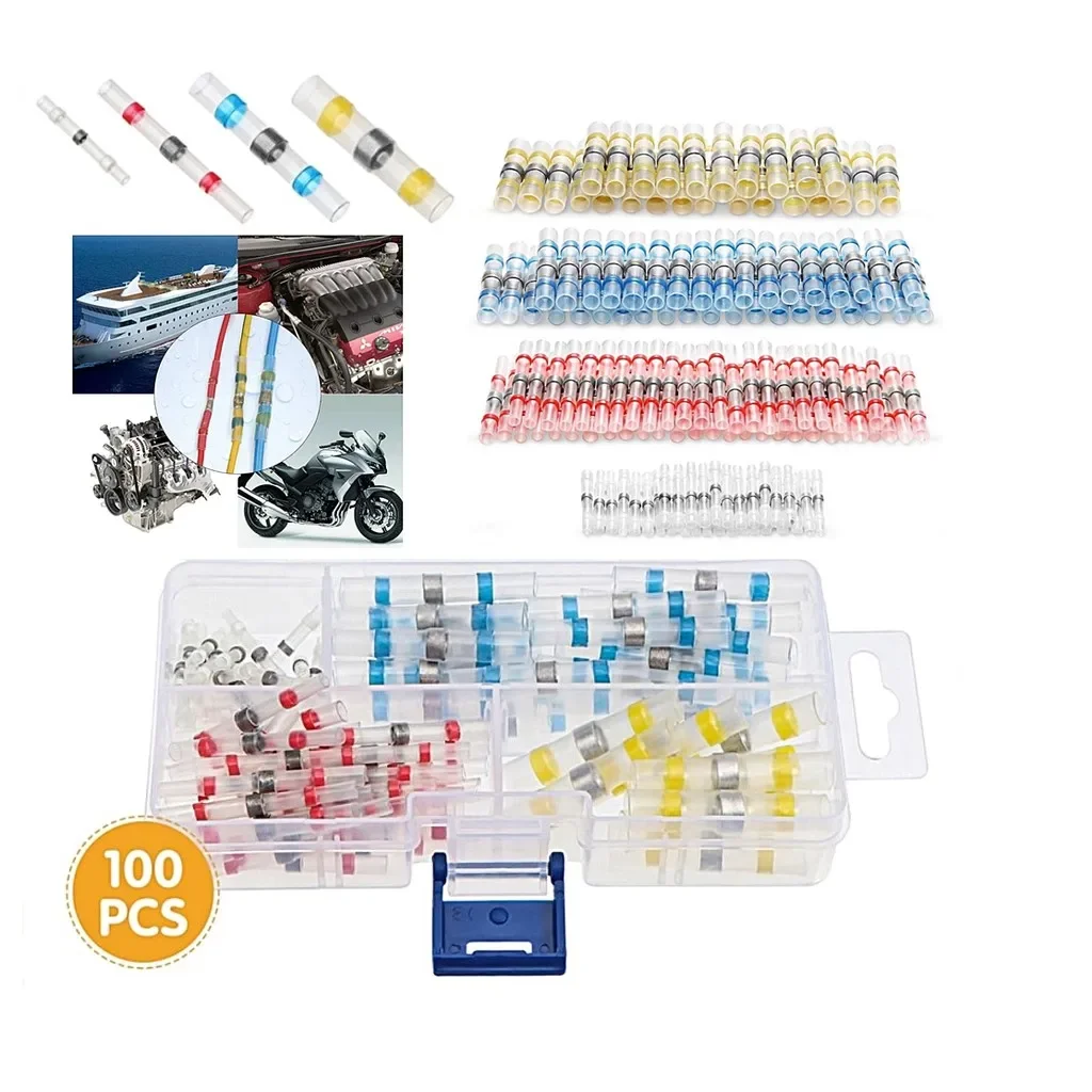 100pcs Waterproof Heat Shrink Wire Connectors Solder Sleeve Butt Insulated Electrical Cable Terminal Solder Connector Kits