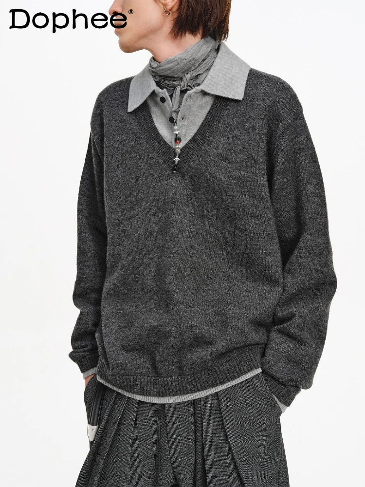 Men's 2025 Autumn New Faux Two-Piece Lapel Button Contrast Color Knitted Pullover Sweaters Male Handsome Long Sleeve Pullovers