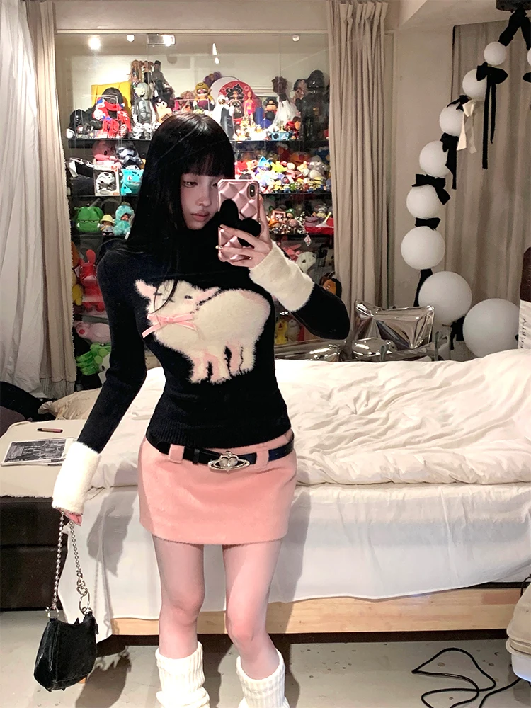 ชุดเซ็ต 2 ชิ้น สไตล์วินเทจฤดูใบไม้ร่วง สำหรับผู้หญิง ดีไซน์เย็บต่อผ้า สวยหรู สไตล์ Y2K ชุดกระโปรงถักนิตติ้ง แฟชั่นเกาหลี ดีไซน์ลำลอง พร้อมเข็มขัด ปี 2025