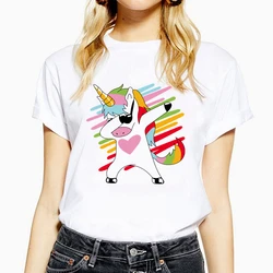 Camiseta divertida con estampado de unicornio para mujer, camisetas de manga corta con cuello redondo, camisetas informales blancas de talla grande de Hip Hop 2024