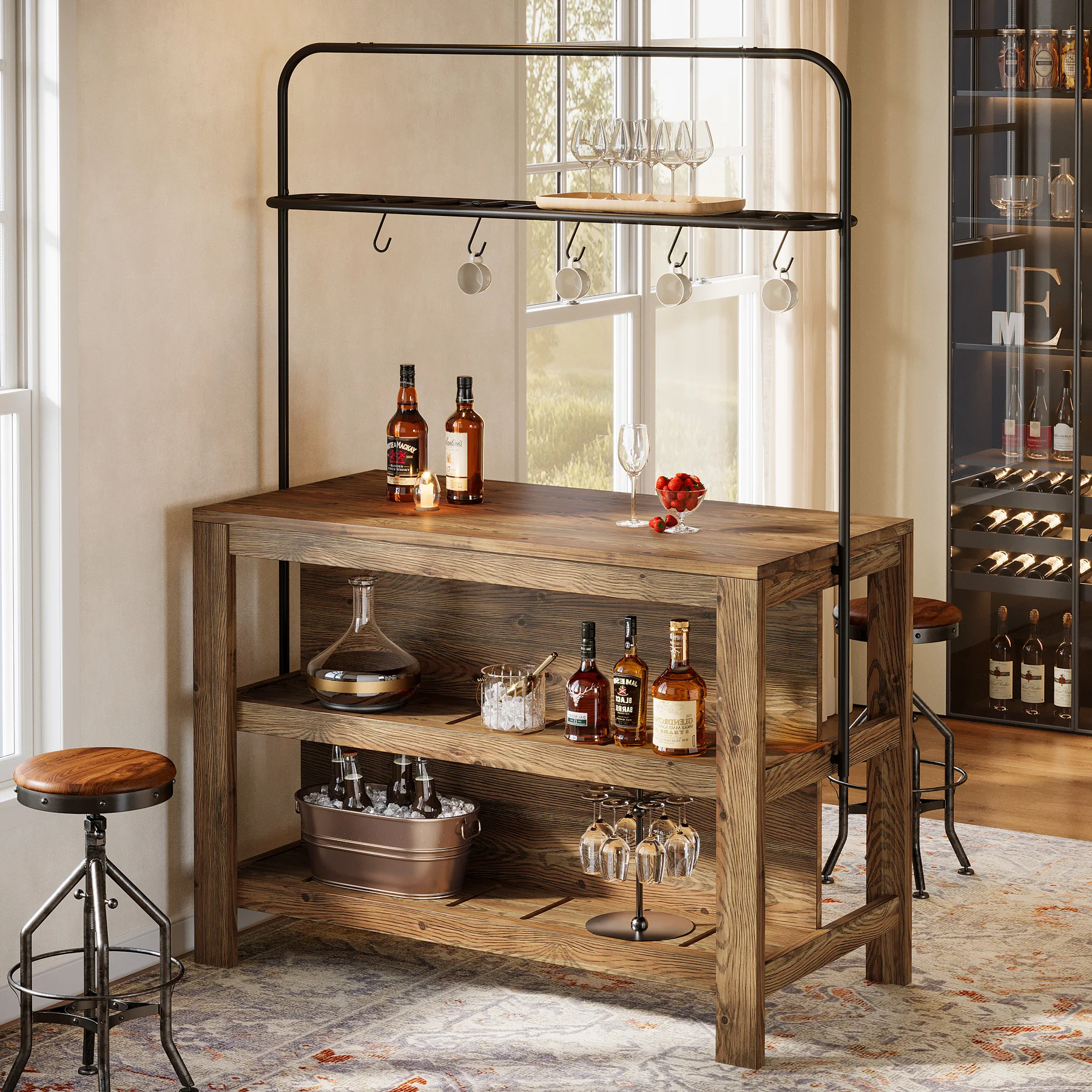 # 47-Inch Solid Wood Bar Table, 3-Tier Industrial Home Bar Unit With Storage Shelves, Counter Height Pub Bar Dining Table