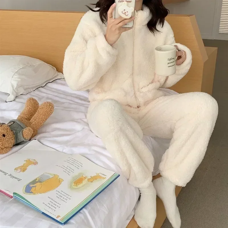 Winter Pajama Sets Women New Kawaii Warm Turtleneck Sleepwear Zip-up Coral Fleece Thick Comfortable Loose Simple Daily Soft