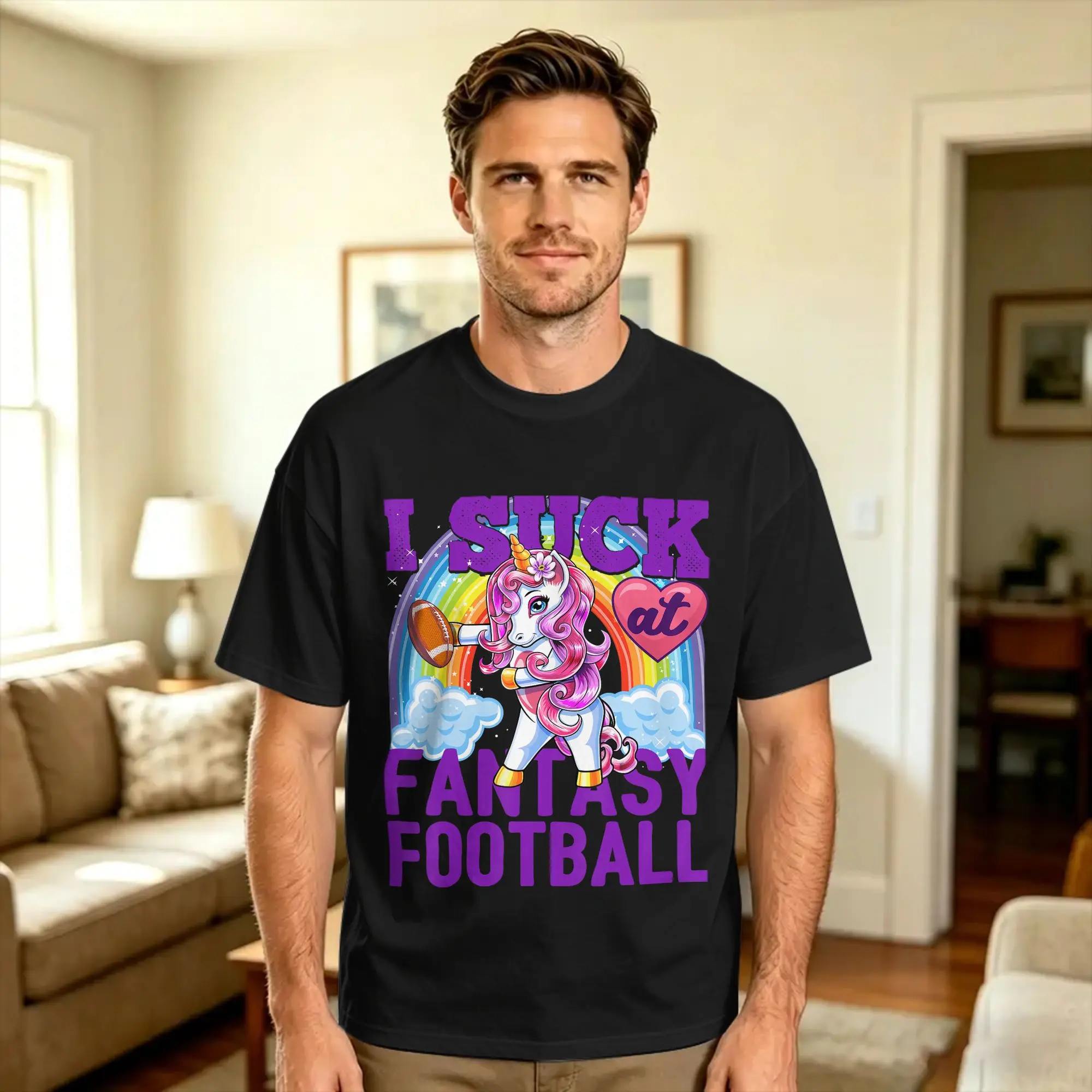 Men I Suck at Fantasy Football Flossing Unicorn Loser T Shirts  Cotton Tees Summer Streetwear Short Sleeve T-Shirt O-Neck