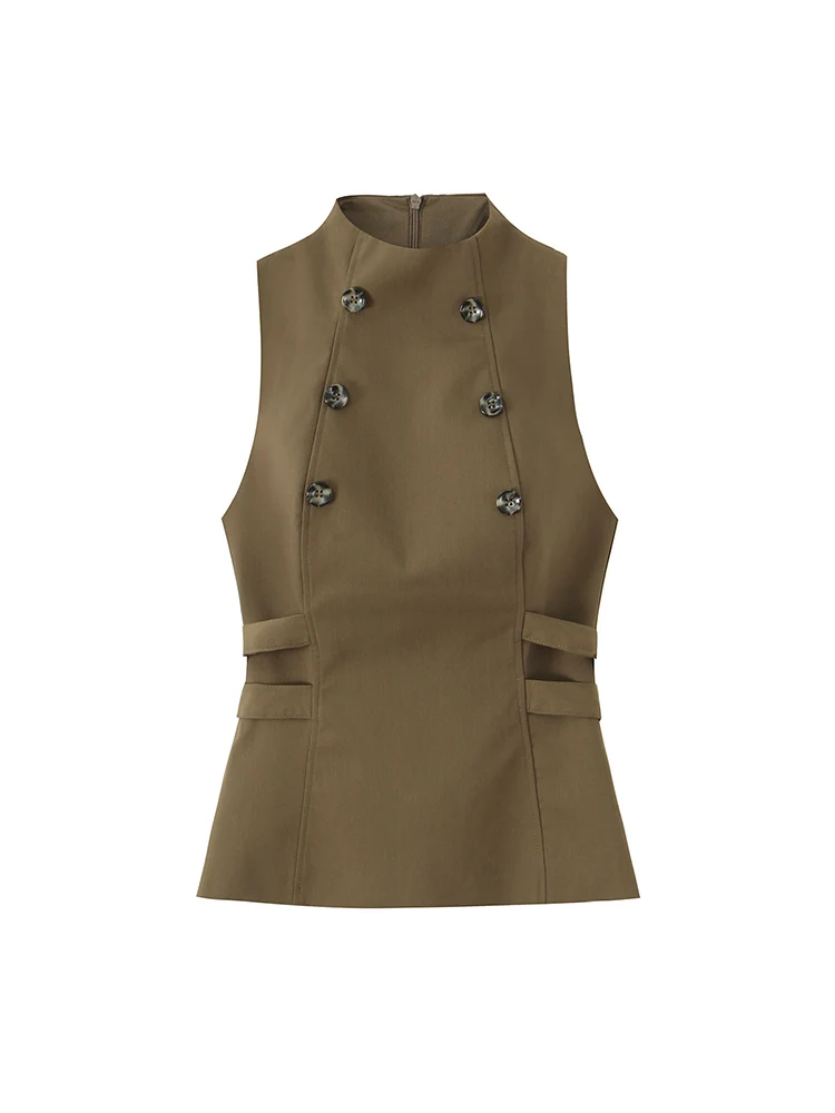 

European style new women's fashion versatile temperament solid color slim button high collar sleeveless top