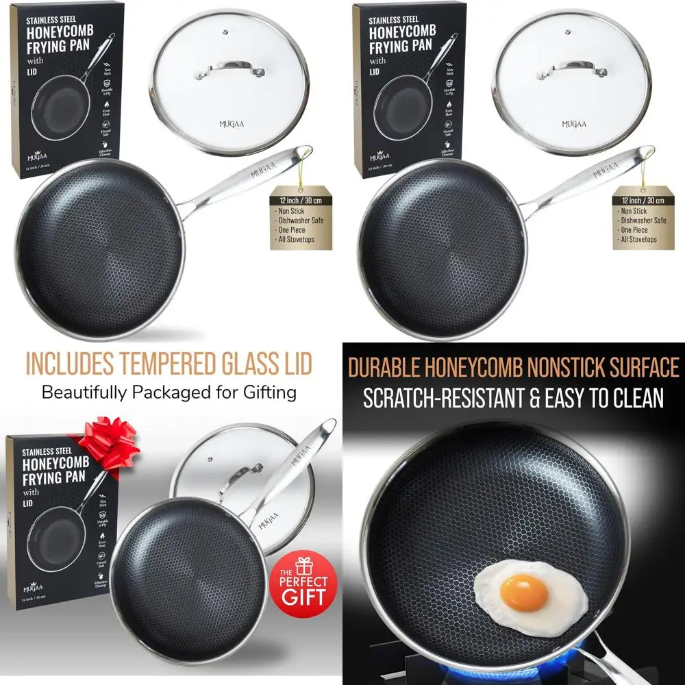 

12 Honeycomb Non-Stick Stainless Steel Fry Pan with Lid, Suitable for Induction, Gas, and Electric Stovetops, Oven and Dishwashe