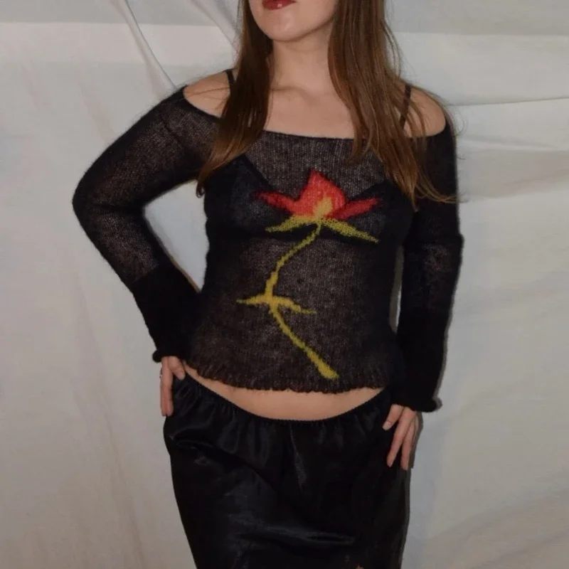 Y2k الجمالية انظر من خلال سترة تيز زهرة طويلة الأكمام محبوك المحاصيل القمم 90s خمر Gyaru تانك القمم لاعبا كوخ الملابس #5