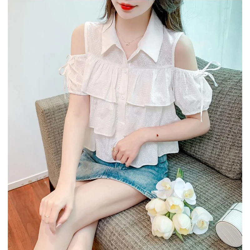 Women Sexy Off Shoulder Lace Up Chic Sweet Shirts Trendy Casual Ruffle Tierred White Blouses Short Sleeve Kawaii Tops Y2K Blusas