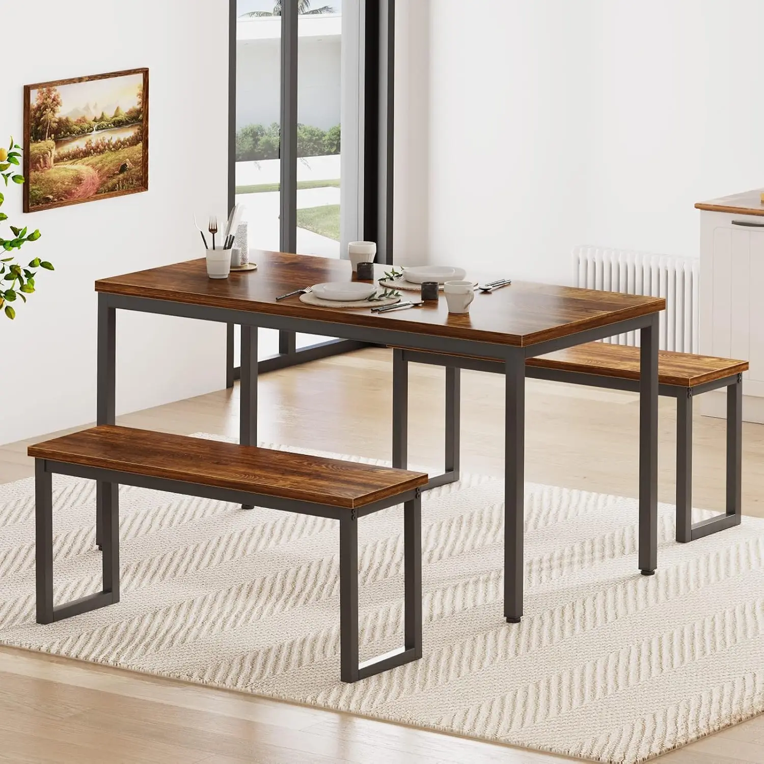 Kitchen Table Set with 2 Benches, Bench Dining Table Set for 4, 3 Piece Dining Room Table and Long Benches,