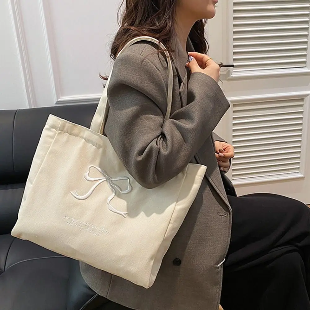 

Simple Balletcore Bow Shoulder Bag Zipper Solid Color Embroidery Bow Tote Bag Y2k Commute Canvas Handbag Shopping