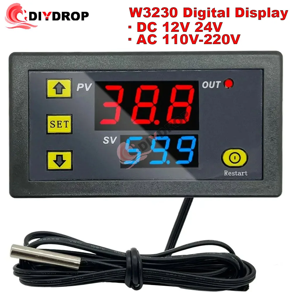 

W3230 DC 12V 24V AC110-220V Probe Line Digital Temperature Control LED Thermostat Regulator Heat/Cooling Control Thermoregulator