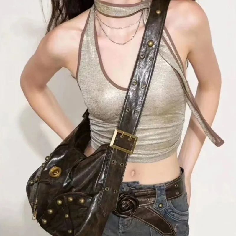 

Hot Girl Black Rivet Lock Tote Bag Women Leather Large Capacity Shoulder Bags Ladies Y2k Aesthetics Harajuku Crossbody Bag 2025