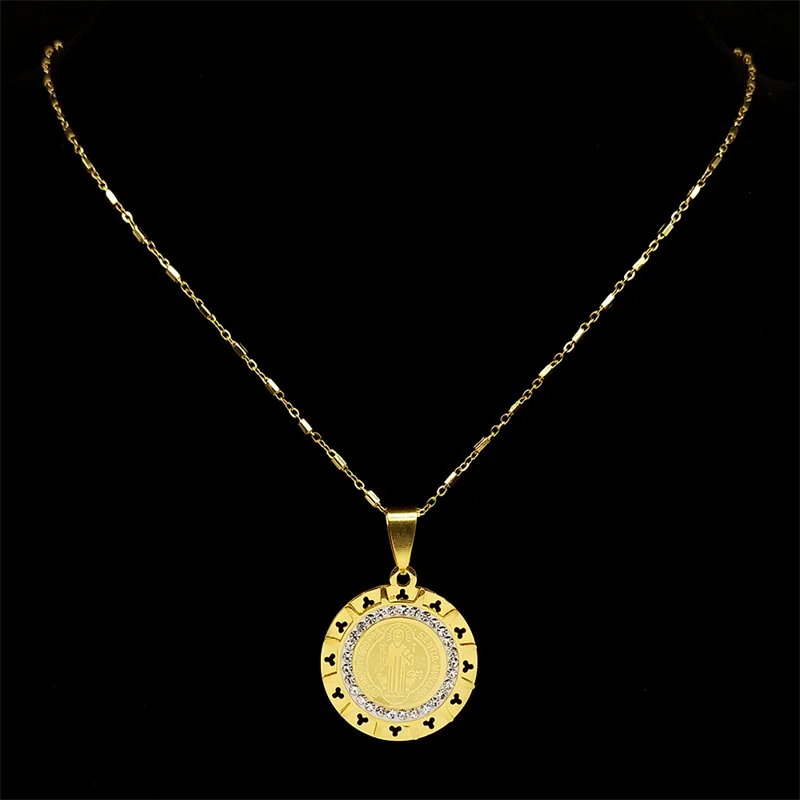 قلادة قلادة سان بنديكت للرجال والنساء ، الفولاذ المقاوم للصدأ ، لون ذهبي ، سلسلة مجوهرات سان بينيتو الدينية ، 8245-QKC