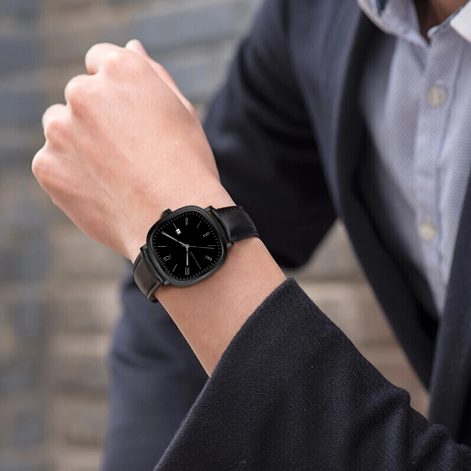 هانا مارتن العلامة التجارية الأعلى ساعة رجالية موضة الأعمال نمط الجلود مربع فضي أسود حركة كوارتز 3Bar ساعة للرجال reloj