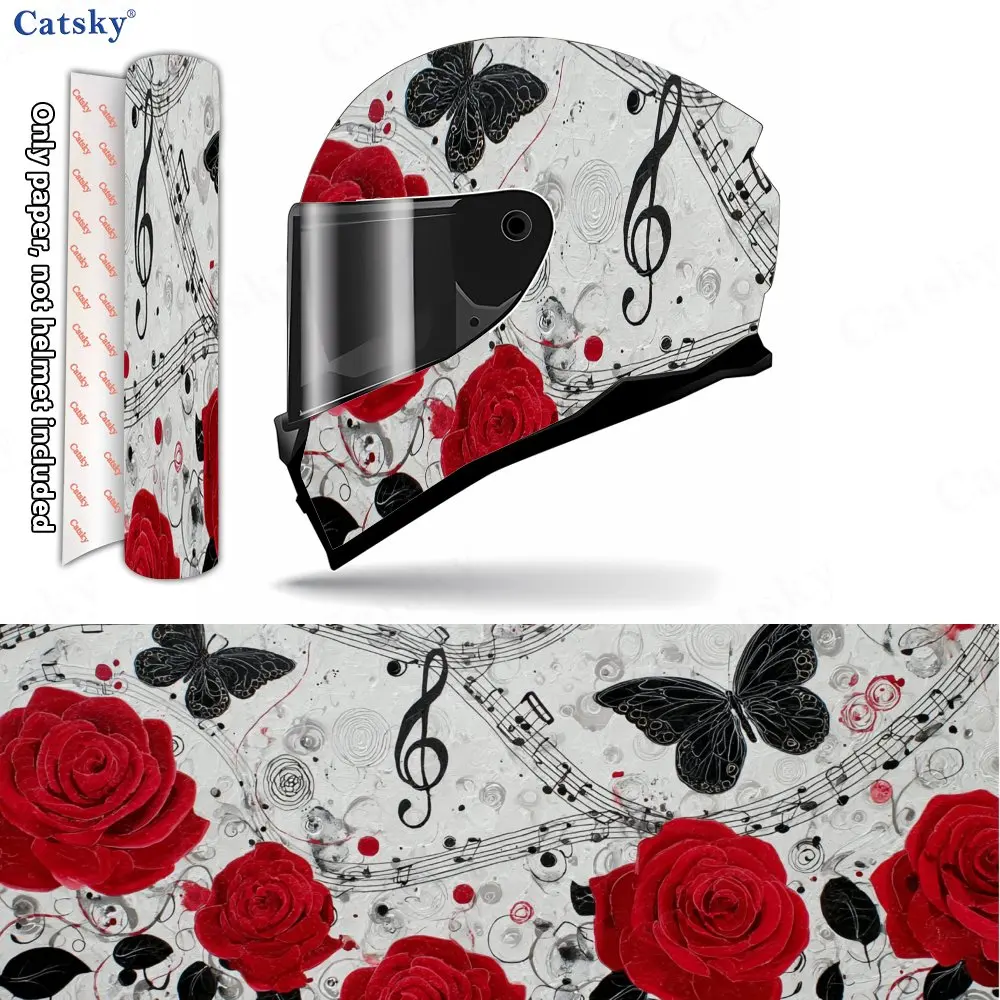 

Red Rose Butterfly Music Art Helmet Vinyl Wraps, Waterproof Scratch-Resistant Full Face Helmet Decals, Durable PVC Artistic Desi