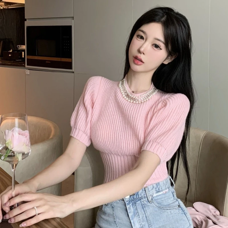 Pullovers Women Pink Puff Sleeve Solid All-match Pearls Sweet O-neck Autumn Slim Fashion Ulzzang Preppy Style Popular Casual New