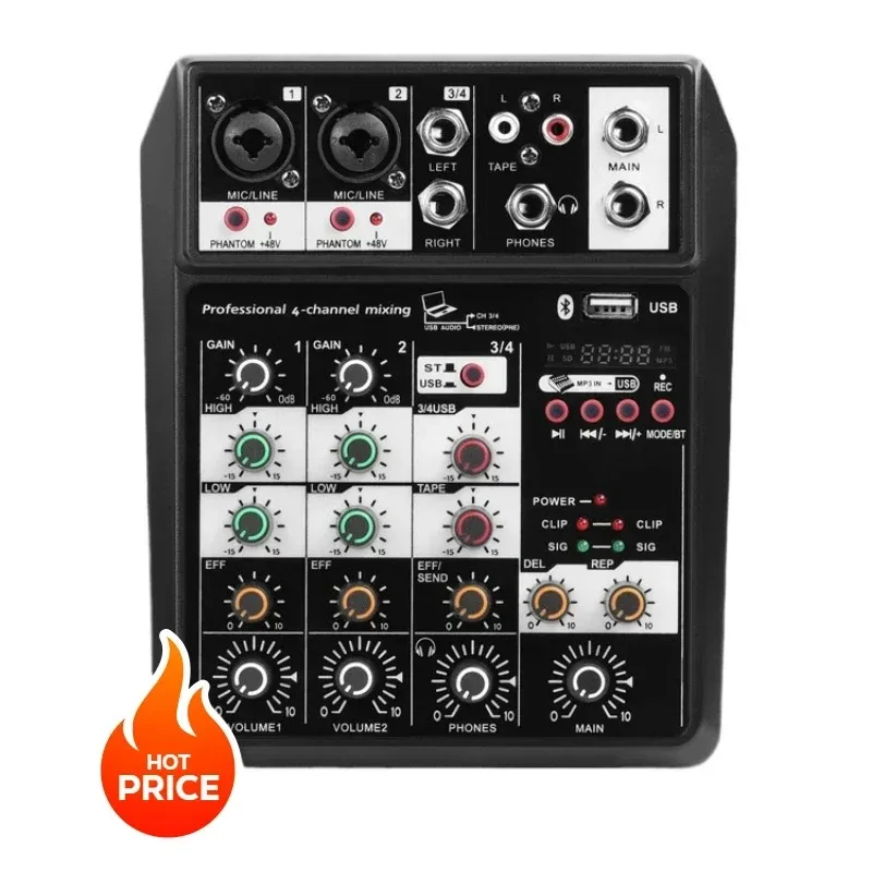 4-Way Mini Mixer Small with Reverb USB Bluetooth Home Recording Outdoor Live Broadcasting
