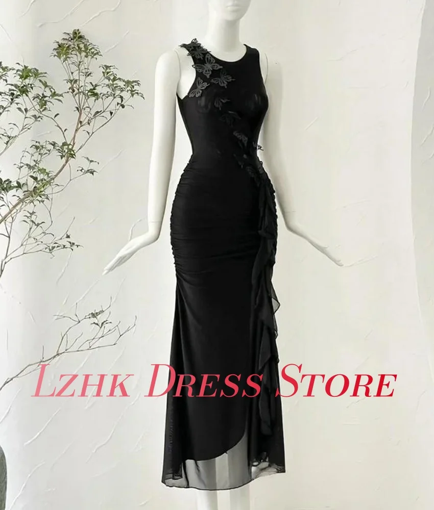 ชุดราตรีผ้าชีฟองทรงเมอร์เมดแต่งระบายโบว์ 3 มิติ คอทรงโอ แขนกุด ความยาวคลุมข้อเท้า สไตล์เซ็กซี่