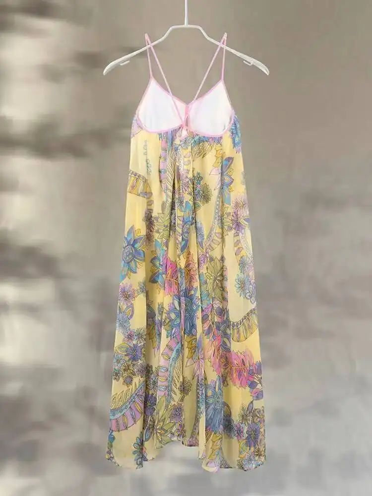 Drucken Floral frauen Kleid Halter V-ausschnitt Ärmel Aushöhlen Gerade Weibliche Kleider Sommer Elegante Urlaub Dame Robe