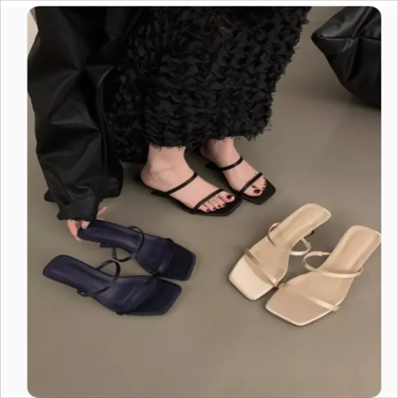 2024 Simple Open-toed Shoes Women Thin Strap Wedge Sandals Square Head Sexy High-heeled Roman Slippers Flip Flops Blue Slides