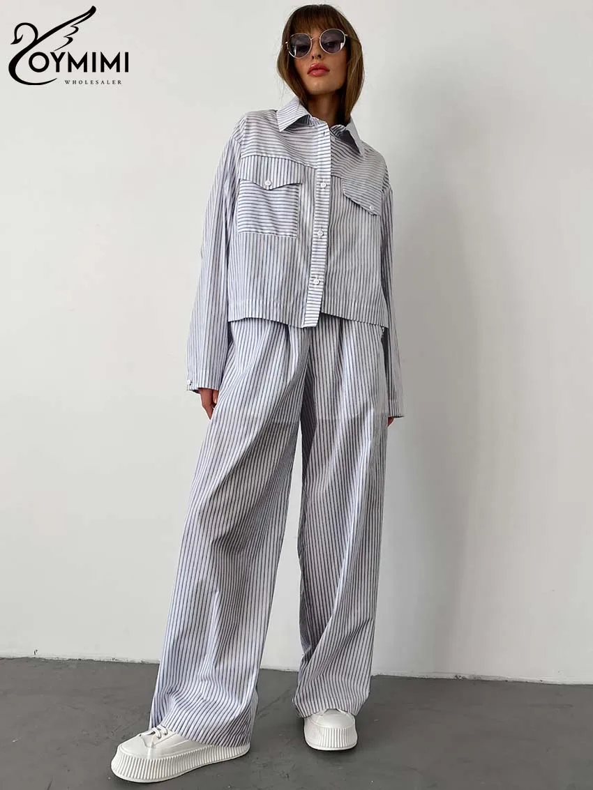 Oymimi-Ensemble 2 Pièces Élégant à Rayures Bleues pour Femme, Chemise à Manches sulfet Poches, Pantalon Droit, à Revers, à la Mode